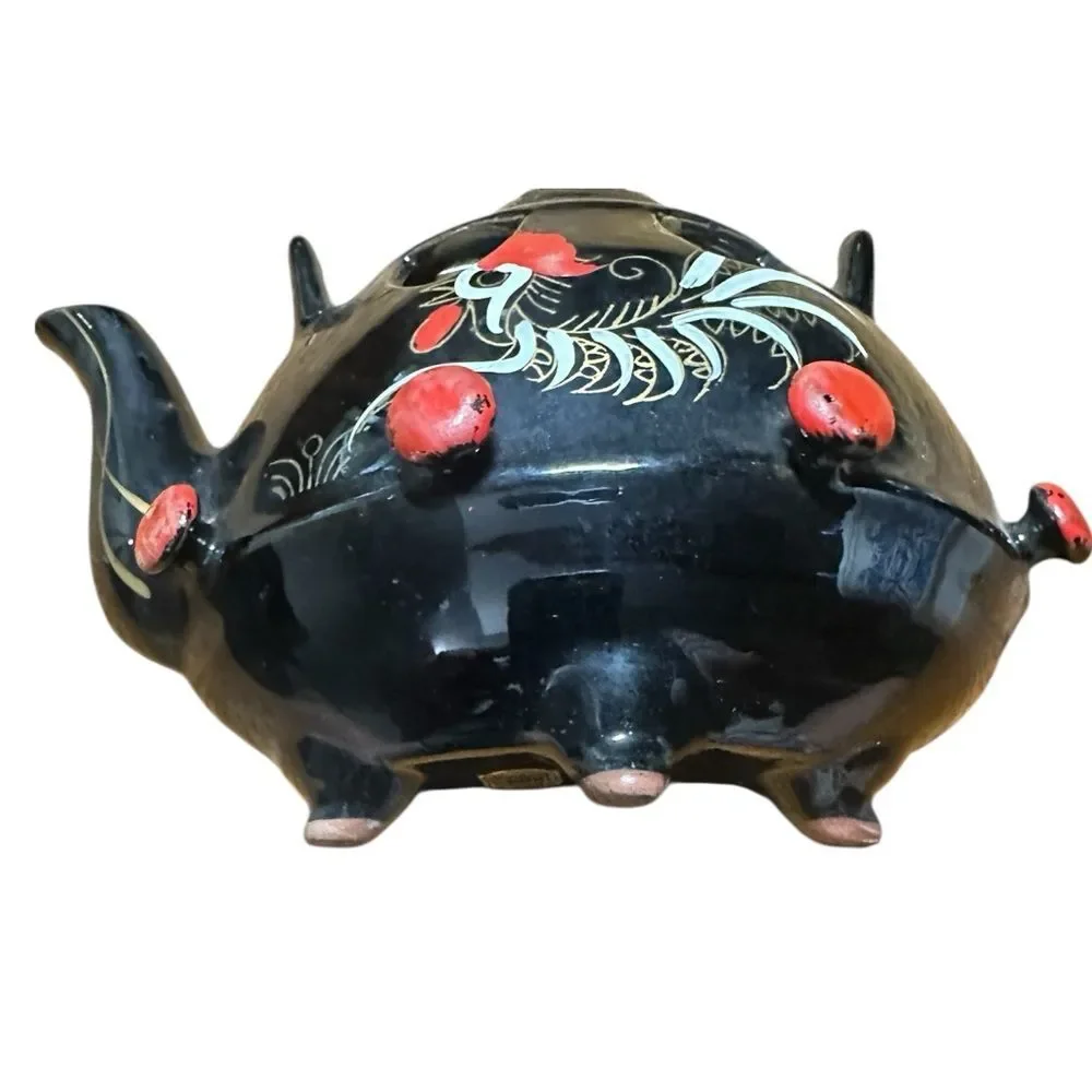 Vintage Thames Black Teapot Wall Pocket Rooster Design Japan Hand-Painted